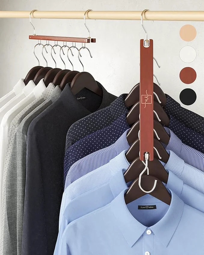 User-Friendly MORALVE Space Saving Hangers for Closet – 4 Pack European Beechwood 6-Tier Shirt Organizer with 360° Swivel Hook – Collapsible Clothes Hanger for Closet Organization Hangers Not Included About ThisOverview Trendy