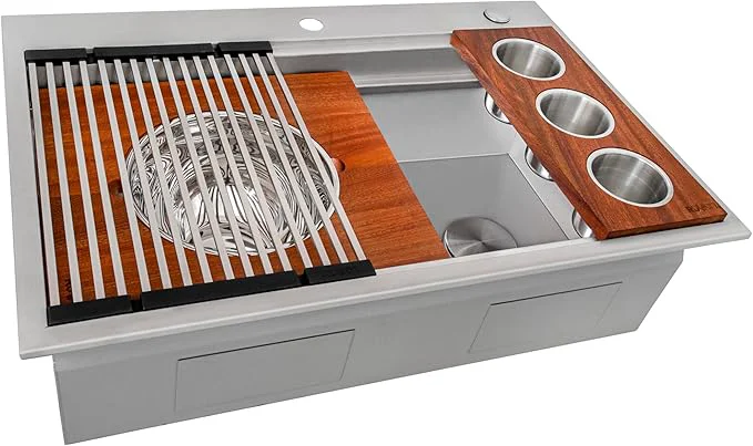 Pure Ruvati 33-inch Two-Tiered Ledge Workstation Kitchen Sink - Drop-in Topmount Kitchen Sink - 16 Gauge Stainless Steel Kitchen Sink with Brushed Finish hides scratches - RVH8424About ThisOverview Sustainable