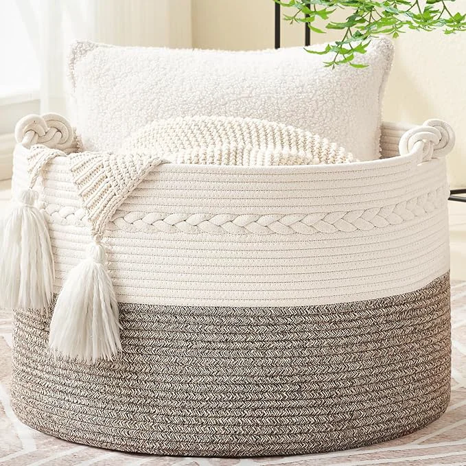Contemporary KAKAMAY Large Blanket Basket 20 x13 Woven Baskets for storage Baby Laundry Hamper Cotton Rope Blanket Basket for Living Room Laundry Nursery Pillows Baby Toy chest White Beige About ThisOverview Excellent