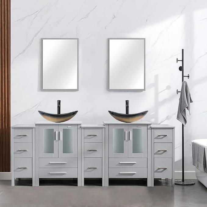 Durable eclife 84 Modern Bathroom Vanity Sink Combo standing Cabinet with Small Side Cabinet Champagne Boat Glass Vessel Sink Water Save Faucet Drain Gray A29CH About ThisOverview Lightweight