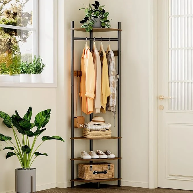 Professional GiftGo Corner Hall Tree with Shoe Rack Entryway Coat Rack with 6 Metal Movable Hooks Floor Standing Clothes Rack Organizer for Home Office Bedroom Rustic Brown About ThisOverview Enhanced