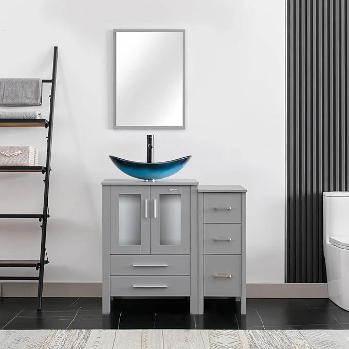 Elite eclife 36 Modern Bathroom Vanity Sink Combo standing Cabinet with Small Side Cabinet Blue Boat Glass Vessel Sink Water Save Faucet Drain Gray A29BU About ThisOverview Official