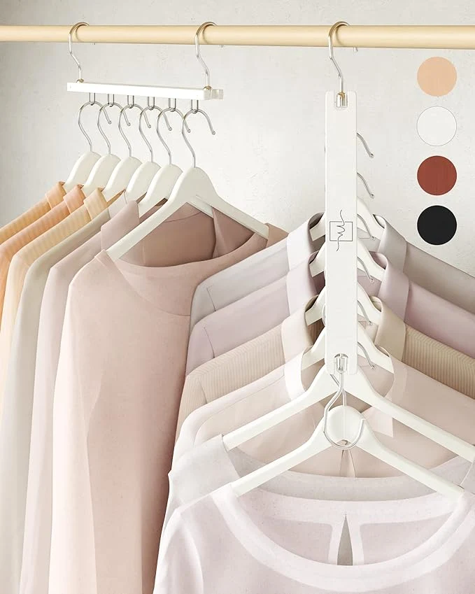 Genuine MORALVE Space Saving Hangers for Closet – 4 Pack European Beechwood 6-Tier Shirt Organizer with 360° Swivel Hook – Collapsible Clothes Hanger for Closet Organization Hangers Not Included About ThisOverview User-Friendly