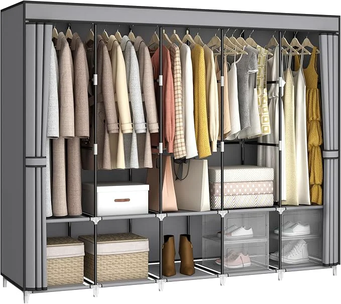 Environmentally Friendly 83 Inch Wide Portable Closet Wardrobe Clothes Storage Rack Organizer with Cover 5 Clothes Hanging Rods and 10 Storage Shelves GreyAbout ThisOverview Enhanced