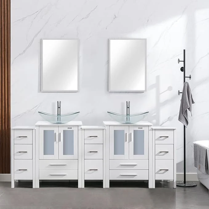 Exceptional eclife 84 Modern Bathroom Vanity Sink Combo standing Cabinet with Small Side Cabinet Clear Boat Glass Vessel Sink Water Save Faucet Drain White A29TT About ThisOverview Carefully Designed