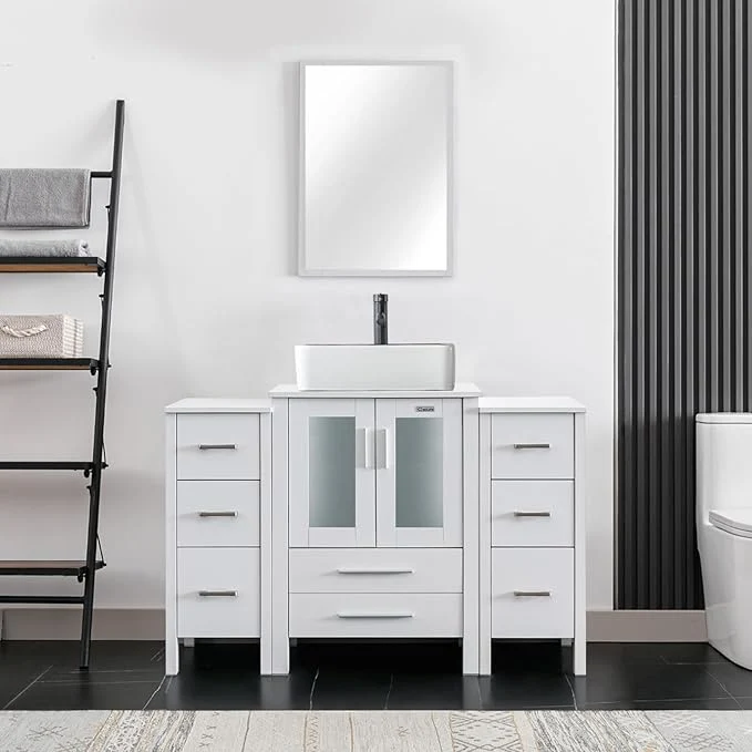 Elegant eclife 48 Modern Bathroom Vanity Sink Combo standing Cabinet with Small Side Cabinet White Black Ceramic Vessel Sink Water Save Faucet Drain White T03BK About ThisOverview Certified