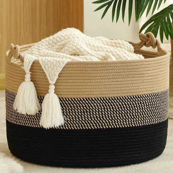 Exclusive KAKAMAY Large Blanket Basket 20 x13 Woven Rope Baskets for storage Baby Laundry Hamper Cotton Rope Blanket Basket for Living Room Laundry Nursery Pillows Baby Toy chest Jute Black About ThisOverview Convenient