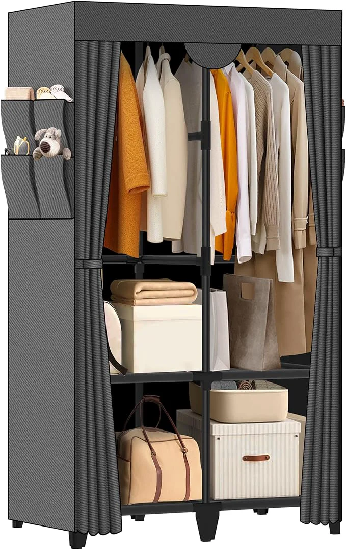 Proven Wardrobe Closet Quick and Easy Assembly Gray Portable Closet with 2 Hanging Rods 4 Storage Shelves and Side 8 Pockets Sturdy and Stable Clothes Rack with Cover for Bedroom and DormitoryAbout ThisOverview Prestigious