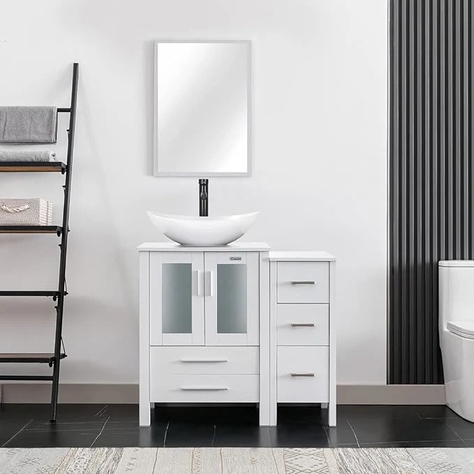 Proven eclife 36 Modern Bathroom Vanity Sink Combo standing Cabinet with Small Side Cabinet White Boat Ceramic Vessel Sink Water Save Faucet Drain White T44 About ThisOverview Detailed