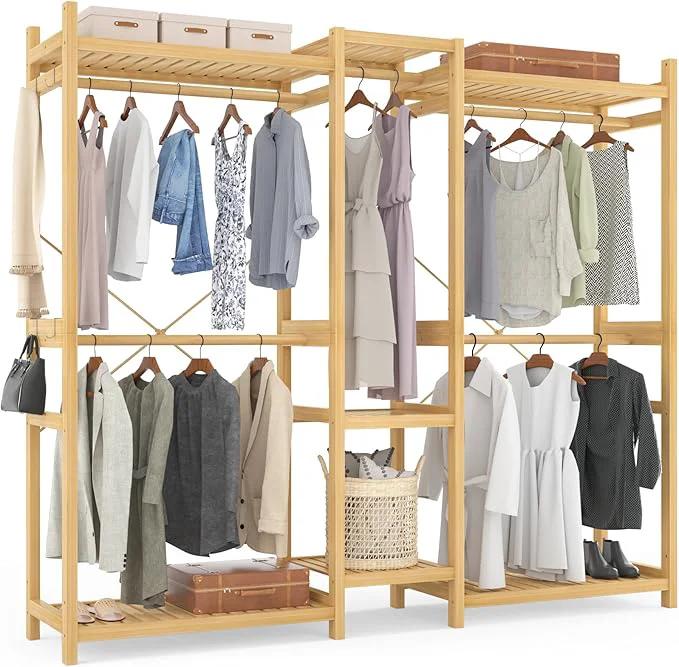Exclusive Homykic Bamboo Closet System Clothes Rack Large standing Garment Rack Clothing Rack for Hanging Clothes with 7 Storage Shelves and 5 Rods Open Wardrobe Organizer with 4 Hooks NaturalAbout ThisOverview Prestigious