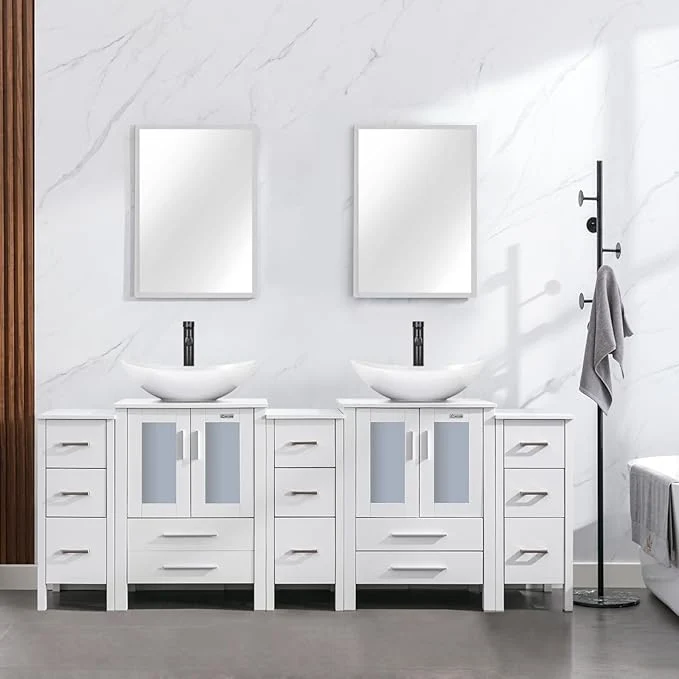 High-Performance eclife 84 Modern Bathroom Vanity Sink Combo standing Cabinet with Small Side Cabinet White Boat Ceramic Vessel Sink Water Save Faucet Drain White T44 About ThisOverview Exclusive
