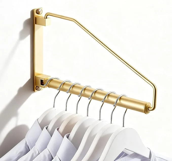 Professional NEWRAIN Folding Wall Mounted Clothes Hanger Rack Clothes Hook Solid Brass with Swing Arm Holder Clothing Hanging System Closet Storage Organizer Heavy Duty Drying Rack Wall Mount Brushed GoldAbout ThisOverview Durable