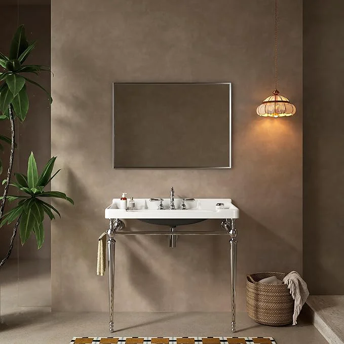 Long-Lasting 36 Bathroom Console Sink Wall-Mounted White Ceramic Vanity Basin with 3 Pre-drilled Faucet Holes standing Chrome Stainless Steel Support Legs with Towel Bar No Faucet - Rome WhiteAbout ThisOverview Fine Crafted