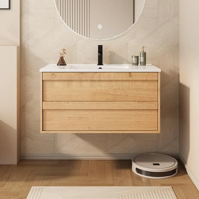 Classic eclife 36 Floating Bathroom Vanity Sink Combo Wall Mounted Modern Minimalist Storage Cabinet with 2 Drawers Include Sink Faucet Drain NaturalAbout ThisOverview Sophisticated