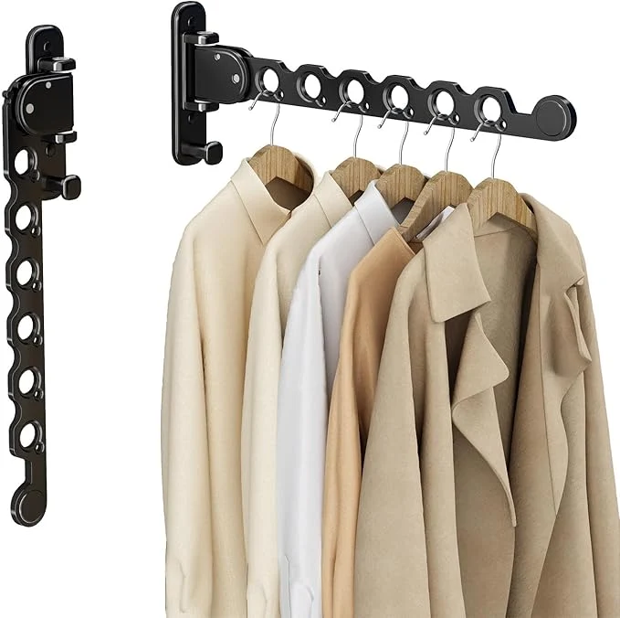 Secure Wall Mounted Clothes Hanger Rack Folding Wall Mounted Clothes Hanger for Laundry with Swing Arm Space Saving Closet Storage Organizer Heavy Duty Coat Hook for Bathroom Bedroom Black 2-PackAbout ThisOverview First-Class