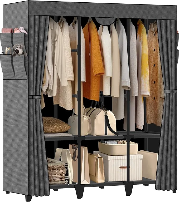 Casual Wardrobe Closet Quick and Easy Assembly Gray Large Capacity Portable Closet with 3 Hanging Rods 6 Storage Shelves and 8 Side Pockets Clothes Rack with Cover for Bedroom and Living RoomAbout ThisOverview Eco-Friendly