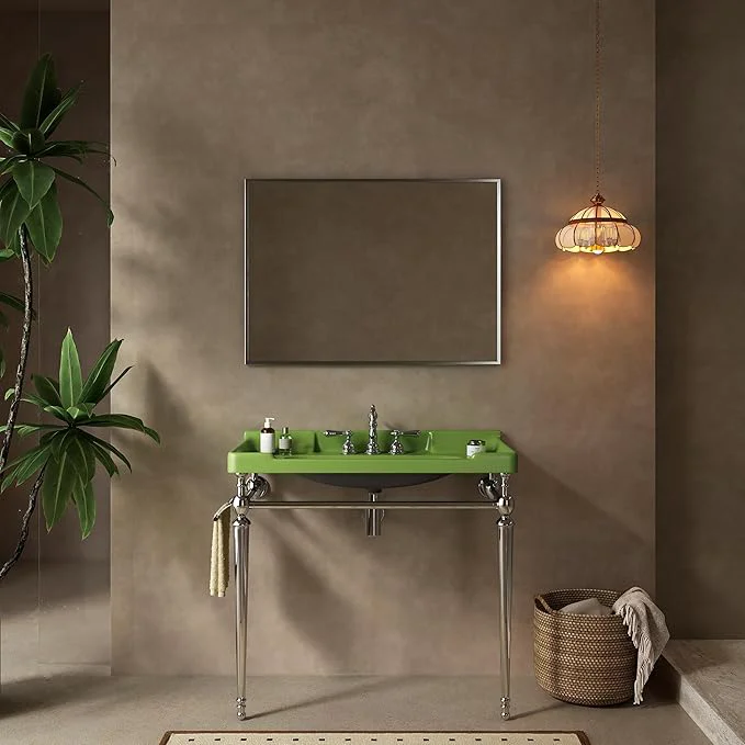 Versatile 36 Bathroom Console Sink Wall-Mounted Green Ceramic Vanity Basin with 3 Pre-drilled Faucet Holes standing Chrome Stainless Steel Support Legs with Towel Bar No Faucet - Rome GreenAbout ThisOverview Relaxed
