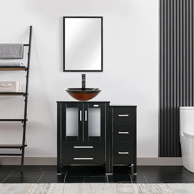 Functional eclife 36 Modern Bathroom Vanity Sink Combo standing Cabinet with Small Side Cabinet Brown Square Glass Vessel Sink Water Save Faucet Drain Black A48 About ThisOverview Versatile