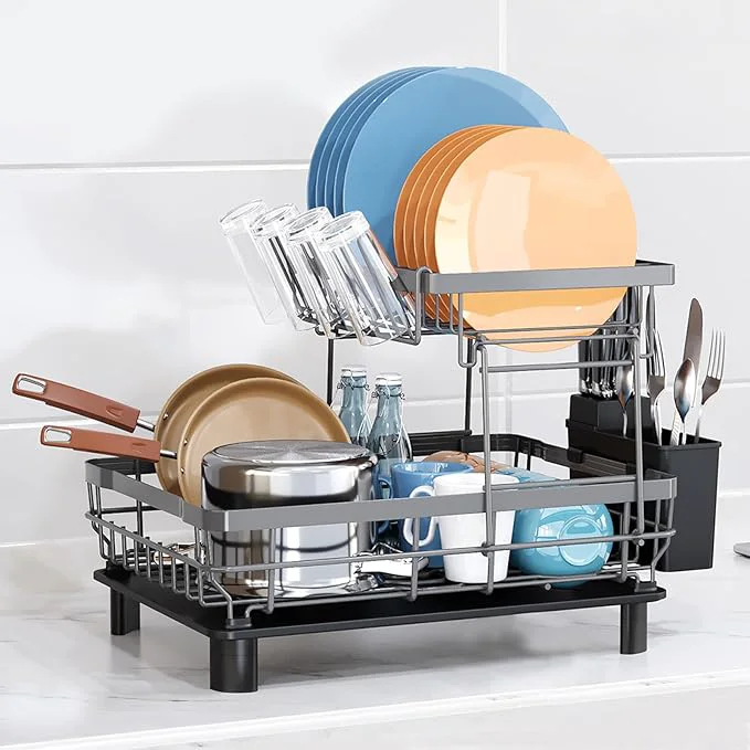 Powerful GAXmi Dish Drying Rack Over The Sink Dish Drainer with Drainboard Utensil Holder Cup Holder 2-Tier GreyAbout ThisOverview Reusable