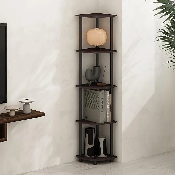 First-Class Furinno Turn-N-Tube Corner Shelf 5-Tier Corner Display Rack Shelving Unit for Organization and Storage Living Room Home Office Garage Bedroom Dark WalnutAbout ThisOverview Premium Material