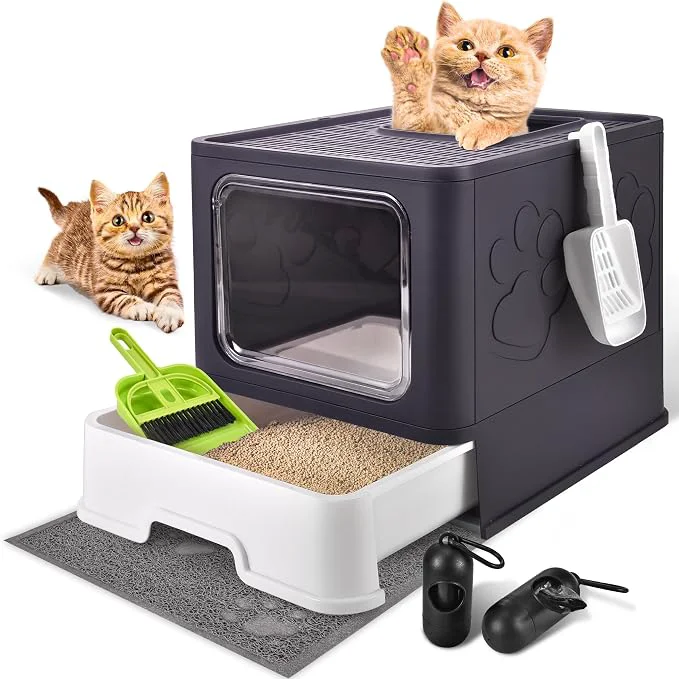 Sophisticated Cat Litter Box with Litter Mat Foldable Extra Large in and Out One-Way Excellent
