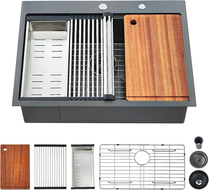 Organic 25 Kitchen Sink Drop-In Workstation 25 x 22 Inch Gunmetal Black Stainless Steel Workstation Sink Topmount Single Bowl with Cutting Board for Kitchen Laundry Utility RoomAbout ThisOverview Expertly Made