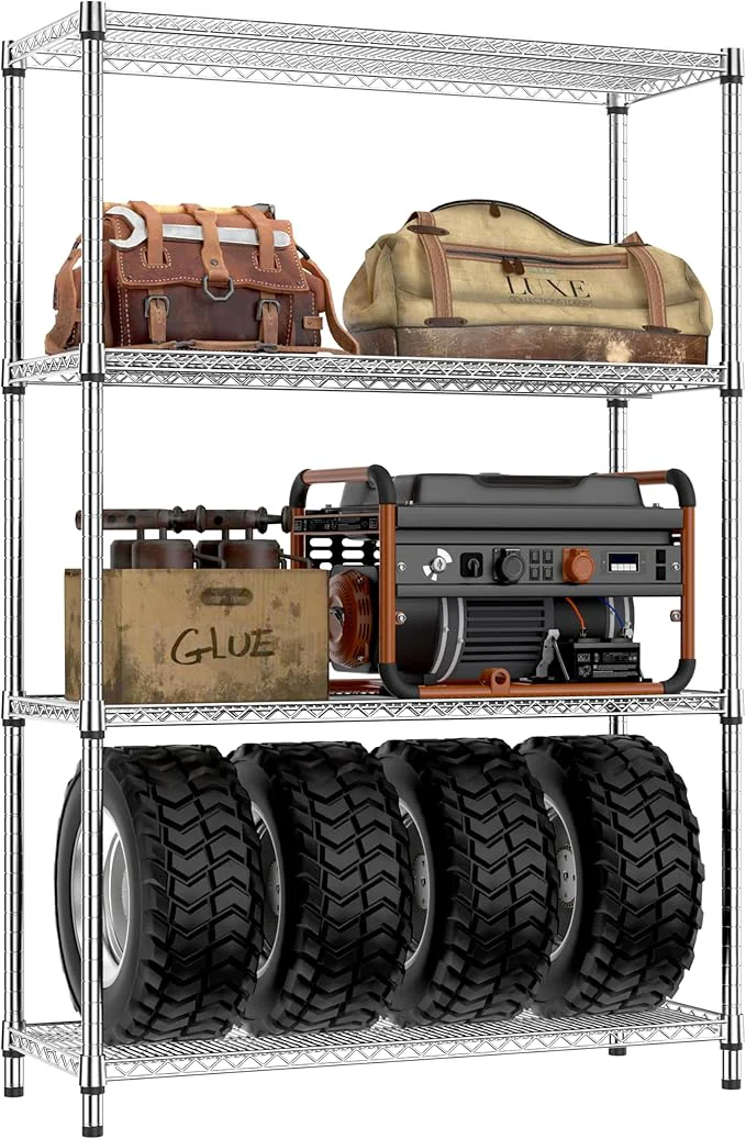 Authentic IZEUK 3400 LBS Garage Shelving Wide Storage Shelves 4 Tier Metal Shelves Heavy Duty Adjustable Utility Shelf Rack Chrome 17.7 D x 47.2 W x 70.4 HAbout ThisOverview Certified