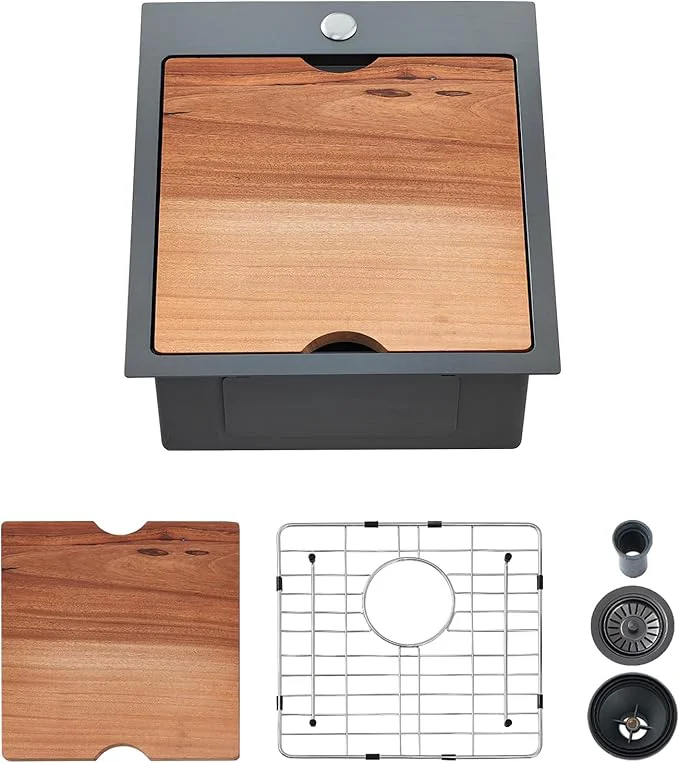 Green Kitchen Sink 17 x 19 Inch Drop in Bar Sink Gunmetal Black Stainless Steel Workstation Sink Topmount Kitchen Sink Single Bowl with Cutting BoardAbout ThisOverview Fast