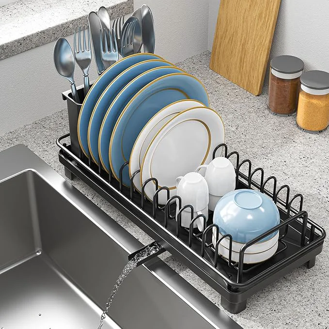 Smooth Small Sink Dish Drying Rack with Drainboard Compact Dish Drainer for Kitchen Countertop Rustproof Plate Organizer with Utensil Holder BlackAbout ThisOverview Genuine