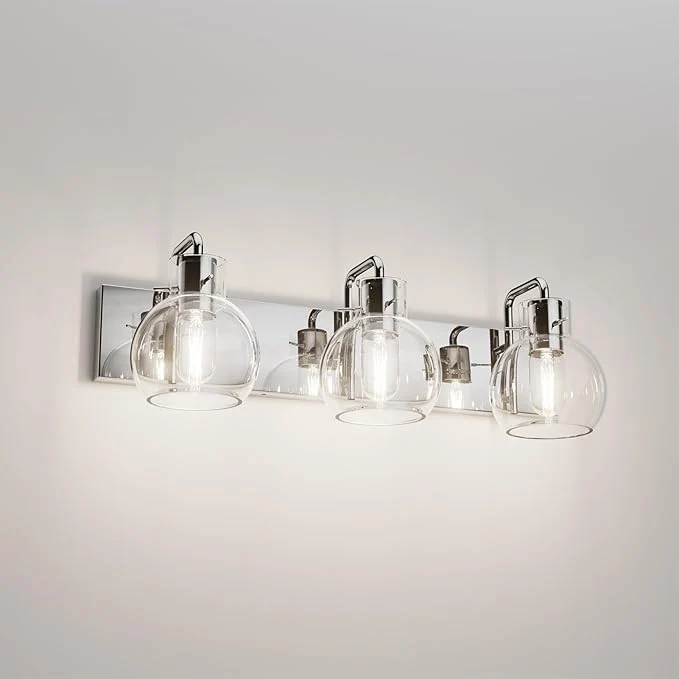 Tipace Modern Bathroom Vanity Lighting Fixtures 3-Lights Industrial Stainless Steel Chrome Finish with Globe Clear Glass Vanity Lights Farmhouse Bath Lighting Exclude Bulb About ThisOverview Effective