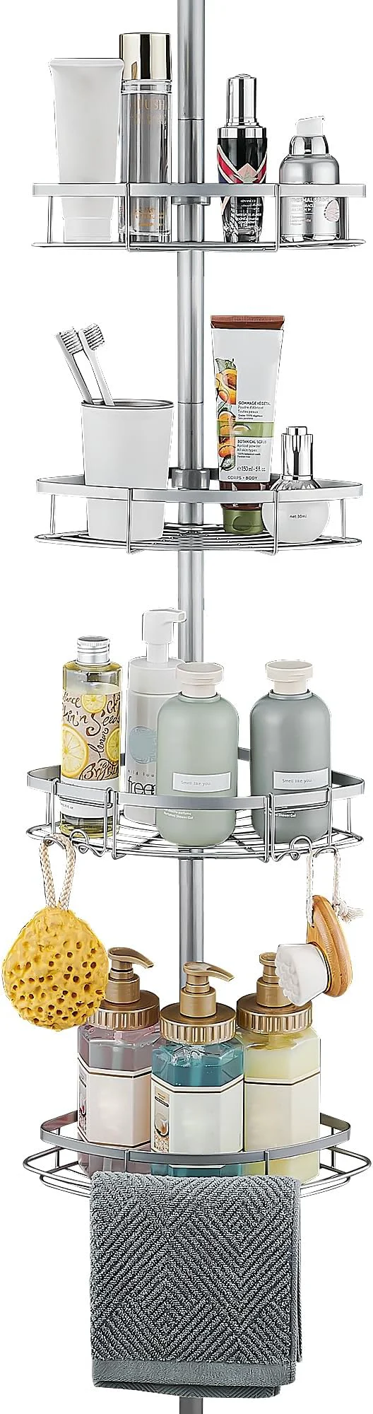 Innovative WPT Grey Shower Caddy Corner Organizer for Bathroom Stainless Steel Tension Pole Corner Shelf Shower Caddy Stand for Bathtub Shampoo Storage 4 Tier Adjustable Shelves 28.7 to 104.7 InchesAbout ThisOverview Sustainable
