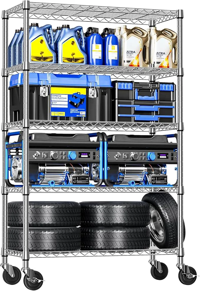 Stylish IZEUK 5-Tier Storage Shelving Unit with Wheels Adjustable Heavy Duty Steel Wire Rack Organizer Chrome 17.7 D x 47.2 W x 76.7 H 1750 lbs Capacity for Garage Kitchen Pantry LaundryAbout ThisOverview Luxury