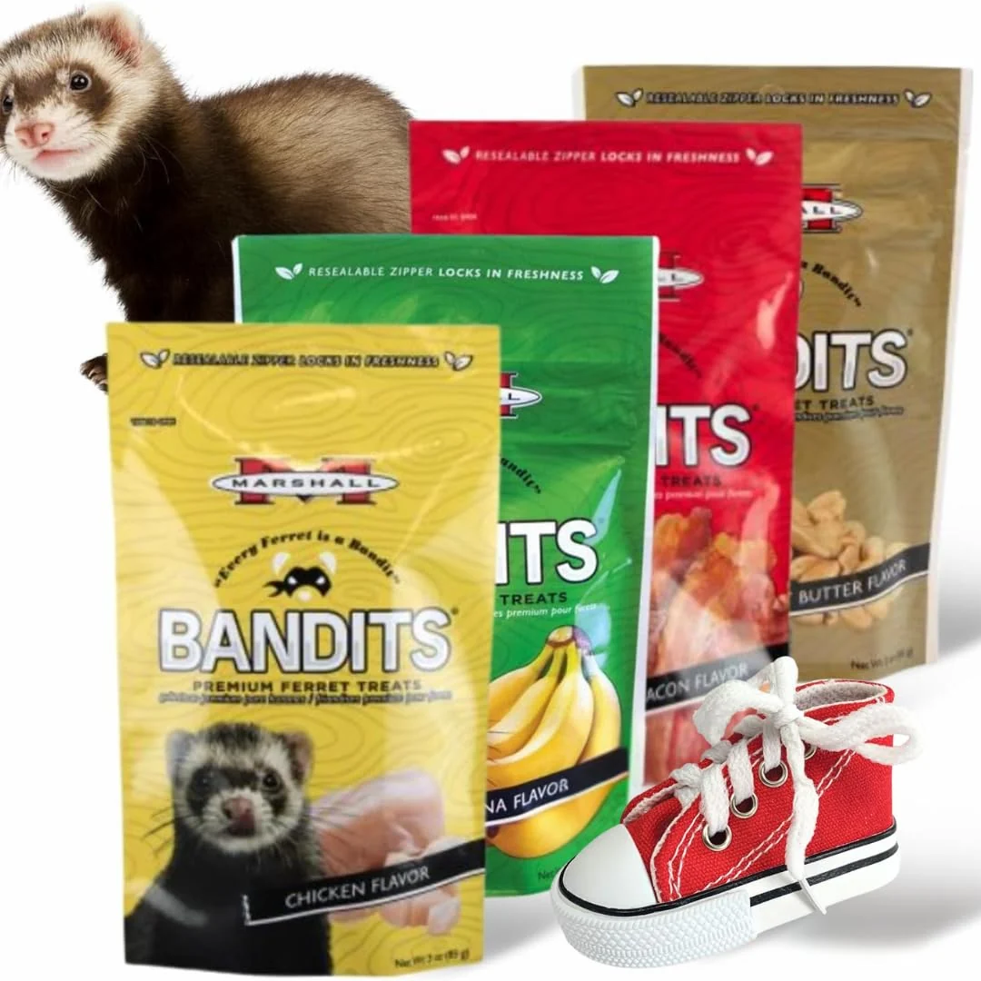 Green Marshall Bandits Ferret Treats Variety Pack – 4 Flavors 2 Squeaky Toys Marshall Pet Products Advanced