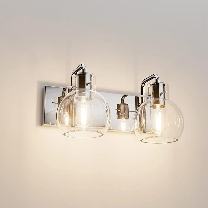 Tipace Chrome Vintage Bathroom Vanity Light 2 Lights Modern Stainless Steel with Globe Clear Glass Bathroom Light Fixtures Industrial Wall Mount Lighting Sconce Exclude Bulb About ThisOverview Top-Quality