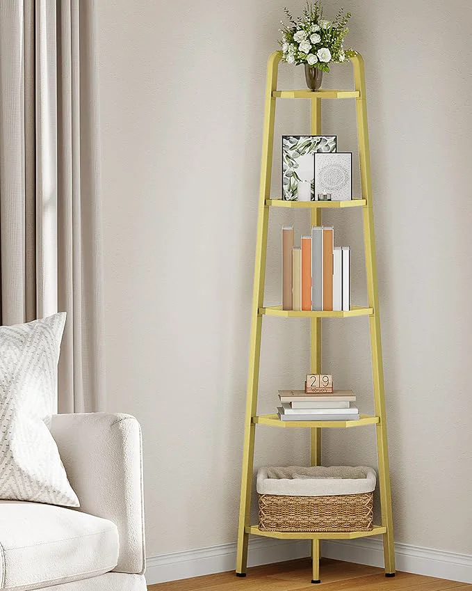 Recyclable 5-Tier Corner Shelf 59.6 Corner Storage Stand Floorstanding Dispaly Rack Tempered Glass Corner Bookshelf Open Plant Stand for Living Room Bedroom Study Bathroom Gold TCJ21GJAbout ThisOverview Classic