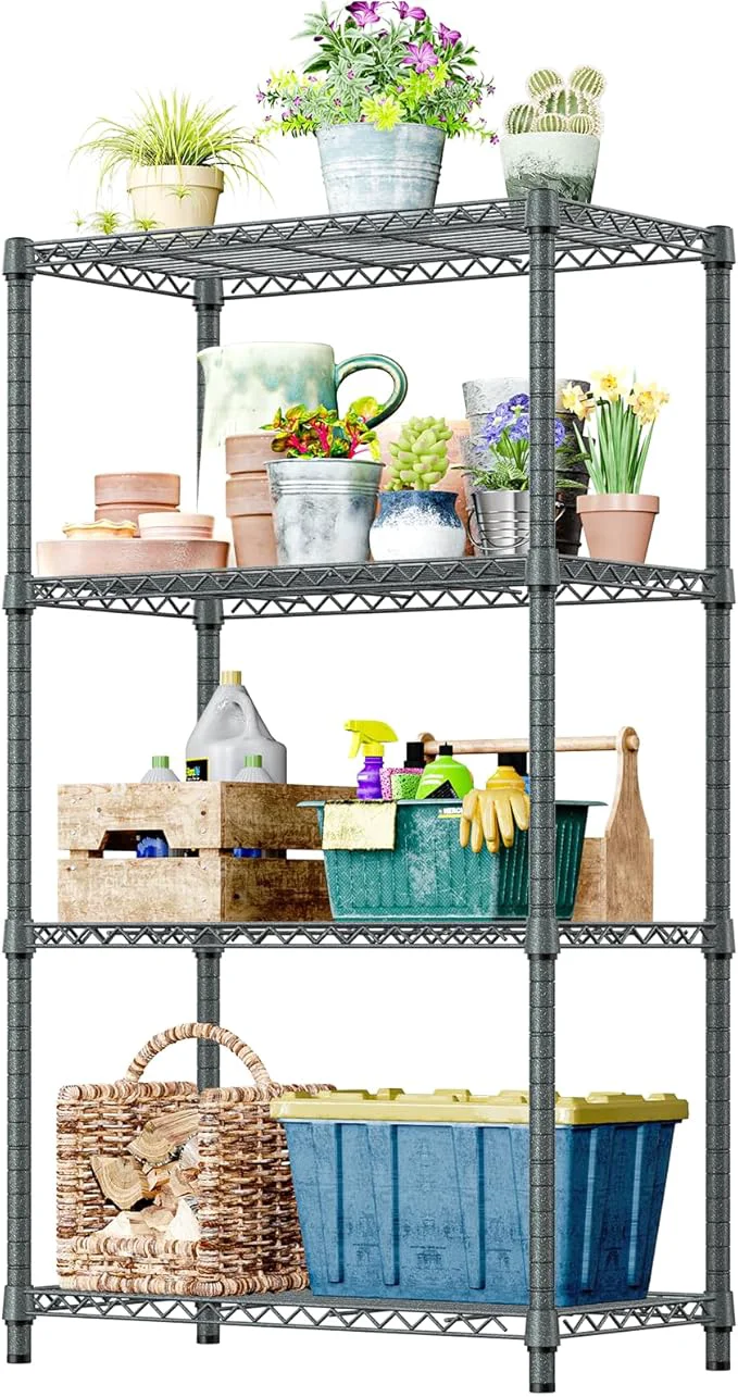 Fine Crafted IZEUK 4-Tier Outdoor Metal Storage Shelving Unit Heavy Duty Wire Rack Organizer with Rust-Resistant and Corrosion-Proof Coating Grey 17.7 D x 35.43 W x 59 H About ThisOverview Elegant