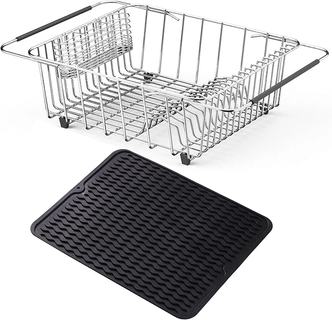 Unique Stainless Steel Dish Drying Rack 15.2 L X 13 W X 5.8 H Expandable Fruit Vegetable Drain Rack over Sink Dish Drainer Rack in Sink with Stainless Steel Utensil Holder Silicone Mat 16 About ThisOverview Practical