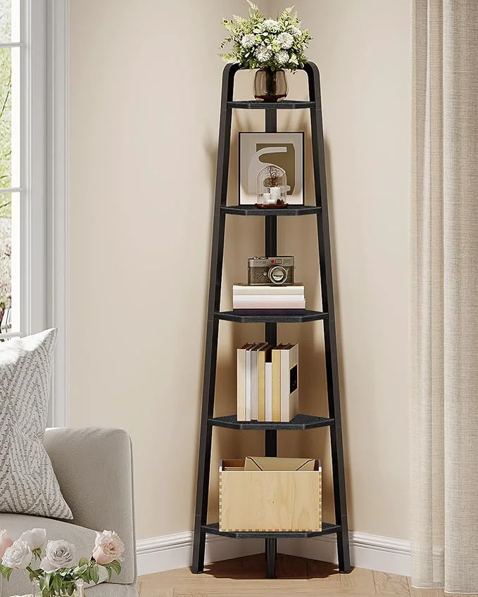 Traditional Corner Shelf 5-Tier Ladder Corner Shelf Ladder Bookshelf 59.6 Tall Vertical Display Stand Metal Frame Bookshelf for Living Room Bedroom Kitchen Black TCJ20BBAbout ThisOverview Premium
