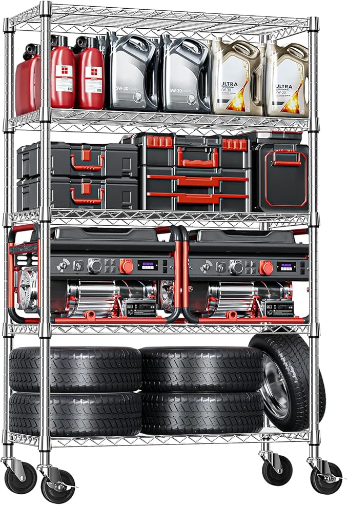 Effective IZEUK 5-Tier Storage Shelving Unit with Wheels Adjustable Heavy Duty Steel Wire Rack Organizer Chrome 17.7 D x 47.2 W x 76.7 H 1750 lbs Capacity for Garage Kitchen Pantry Laundry BasementAbout ThisOverview Prestigious