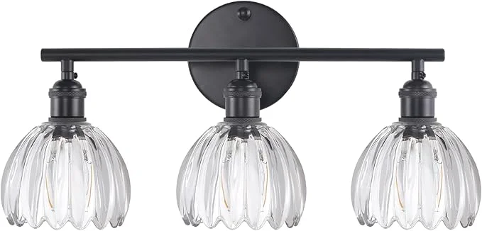 Next-Generation Bathroom Light Fixtures 3-Light Black Vanity Wall Light Over Mirror with Clear Tulip Glass Shade for Bedroom Living Room Bulb Not Included About ThisOverview Casual