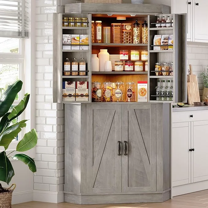 Flexible Corner Cabinet 71'' Kitchen Pantry Storage Cabinet with 4 Doors and Shelves Tall Food Pantry Storage Cabinet Farmhouse Furniture for Kitchen Dining Room GreyAbout ThisOverview Practical