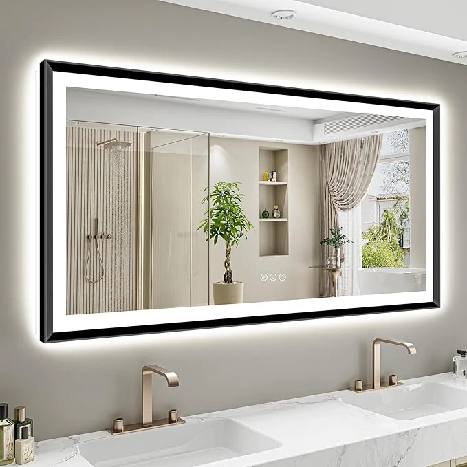 Outstanding 66x36 Black Framed LED Bathroom Mirror with Lights Backlit and Front Light Lighted Bathroom Vanity Mirror for Wall Dimmable Anti-Fog Memory Tempered Glass Horizontal VerticalAbout ThisOverview Fast