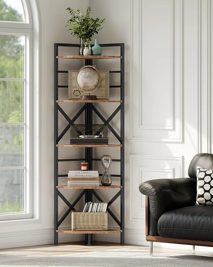 Solid 69.3 Corner Shelf 5-Tier Large Corner Shelving standing Storage Stand for Bedroom Living Room Kitchen Industrial Engineered Wood Bookshelf Organizer Rustic Brown and Black TCJ15BFAbout ThisOverview Breathable