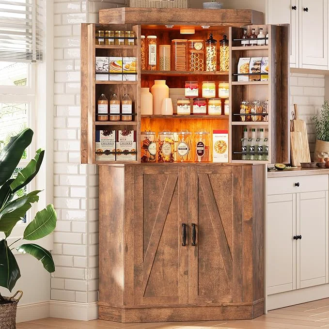 Durable Corner Cabinet 71'' Kitchen Pantry Storage Cabinet with 4 Doors and Shelves Tall Food Pantry Storage Cabinet Farmhouse Furniture for Kitchen Dining Room BrownAbout ThisOverview Original