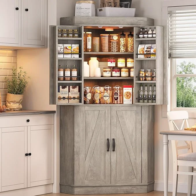 Recyclable Corner Cabinet Kitchen Pantry Cabinet Storage Cabinet with 4 Doors and Shelves Kitchen Cabinet Pantry Cabinet Tall Food Pantry Storage Cabinet Farmhouse Furniture for Kitchen Dining Room GreyAbout ThisOverview Superior