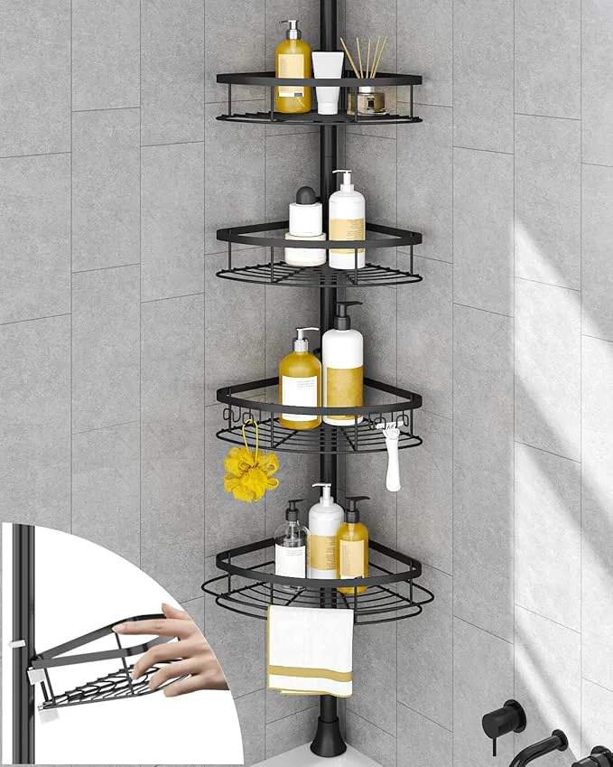 Secure SEIRIONE Corner Shower Caddy Tension Pole Rustproof Bathroom Shower Organizer Corner 4-Tier Adjustable Bathroom Shelf Solid Rack I for Bathtub Storage 34 to 116 Inch Height BlackAbout ThisOverview First-Class