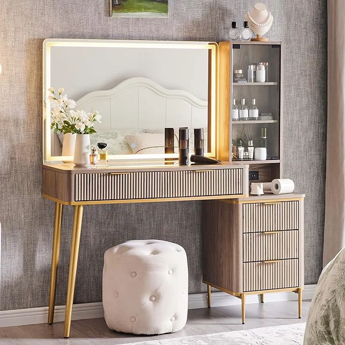 Comfortable T4TREAM Fluted Makeup Vanity Desk with 36 HD Lighted Mirror 48 Big Modern Vanity Desk with Mirror and Lights Dressing Table with 5 Drawers Shelves Glass Top for Bedroom Alder Grey About ThisOverview Unique