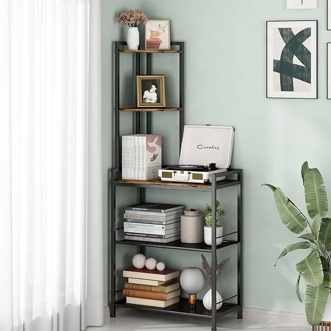Contemporary GILLAS 5 Tier Corner Shelf Stand standing Corner Shelf Unit Bookshelf Corner Table with Shelf Tall Storage Organizer Rack for Living Room Bedroom Office. Small Space Metal Country RusticAbout ThisOverview Fashionable