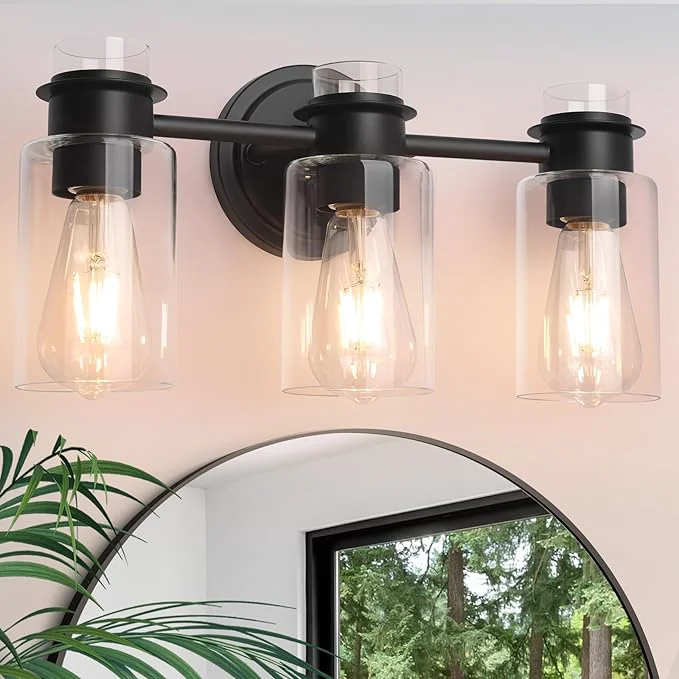 High-Quality 3-Light Bathroom Vanity Light Fixture over Mirror Matte Black Modern Wall Sconces Clear Glass Shade Rustproof Design for Bathroom Bedroom Hallway Lighting E26 Base Bulbs Not Included About ThisOverview Eco-Friendly