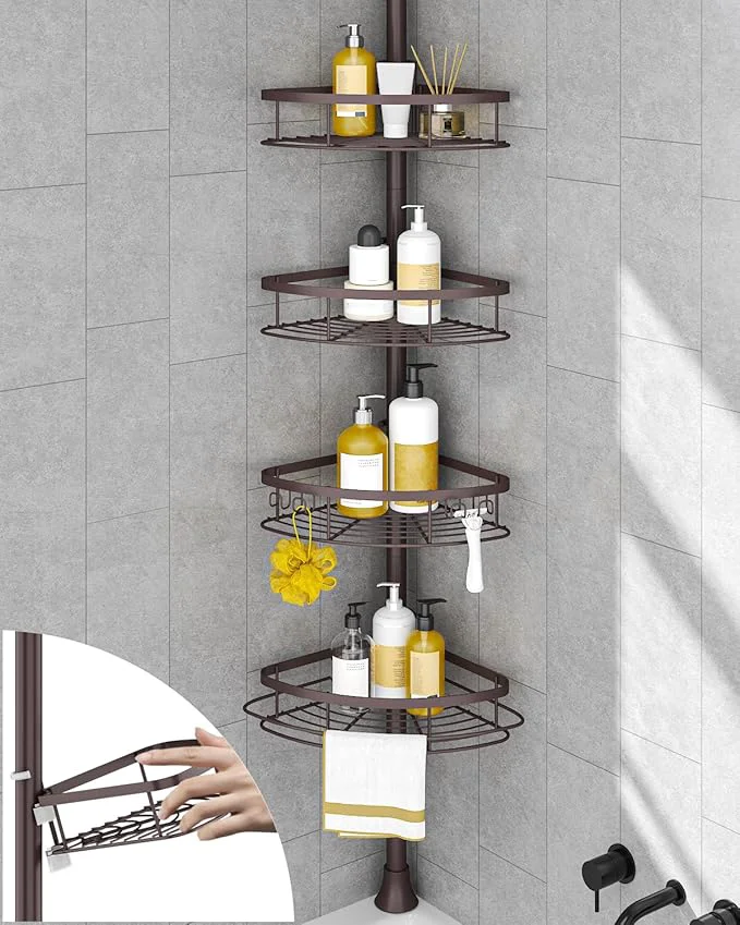 Soft SEIRIONE Rustproof Shower Corner Caddy Organizer for Bathroom Tension Pole with 4 Baskets for Bathtub Storage Rack 34 to 116 Inch Height BronzeAbout ThisOverview Organic